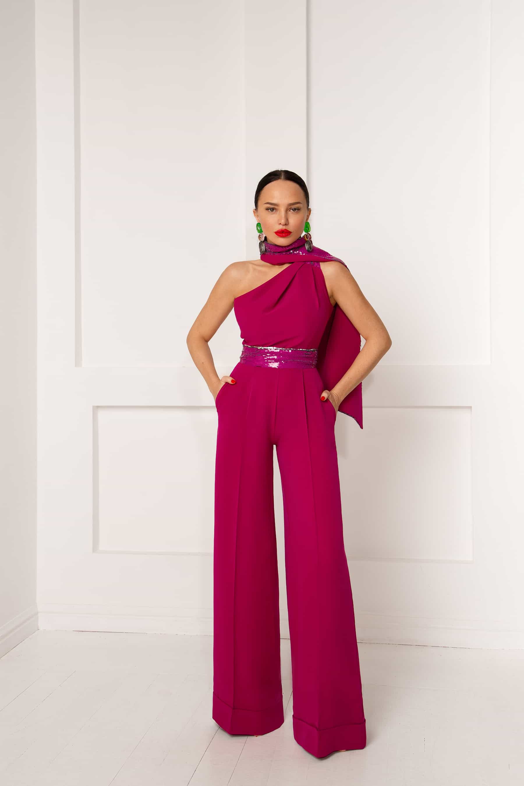 Fuchsia jumpsuit with a scarf and sequin belt